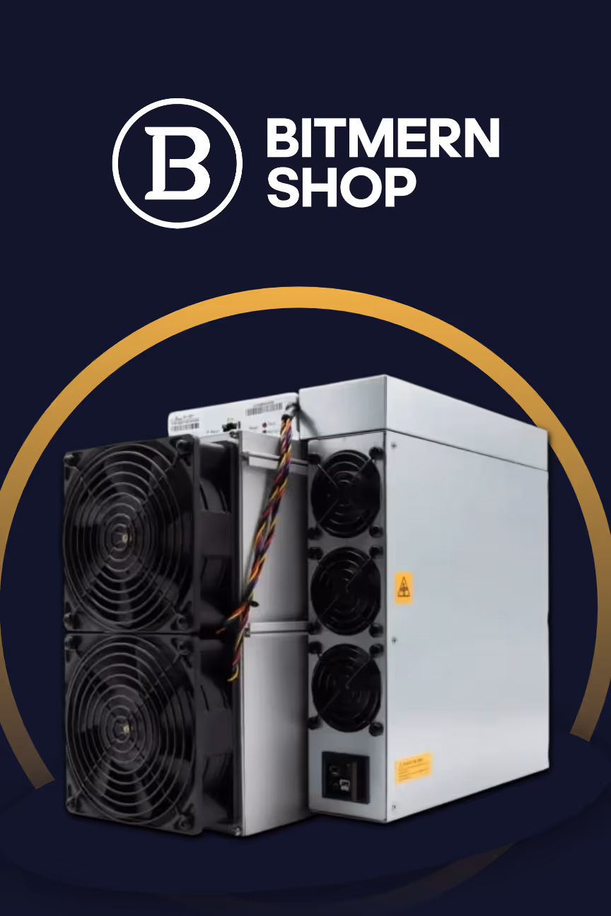 Cryptocurrency mining machine with multiple cooling fans under BITMERN SHOP logo on dark background.