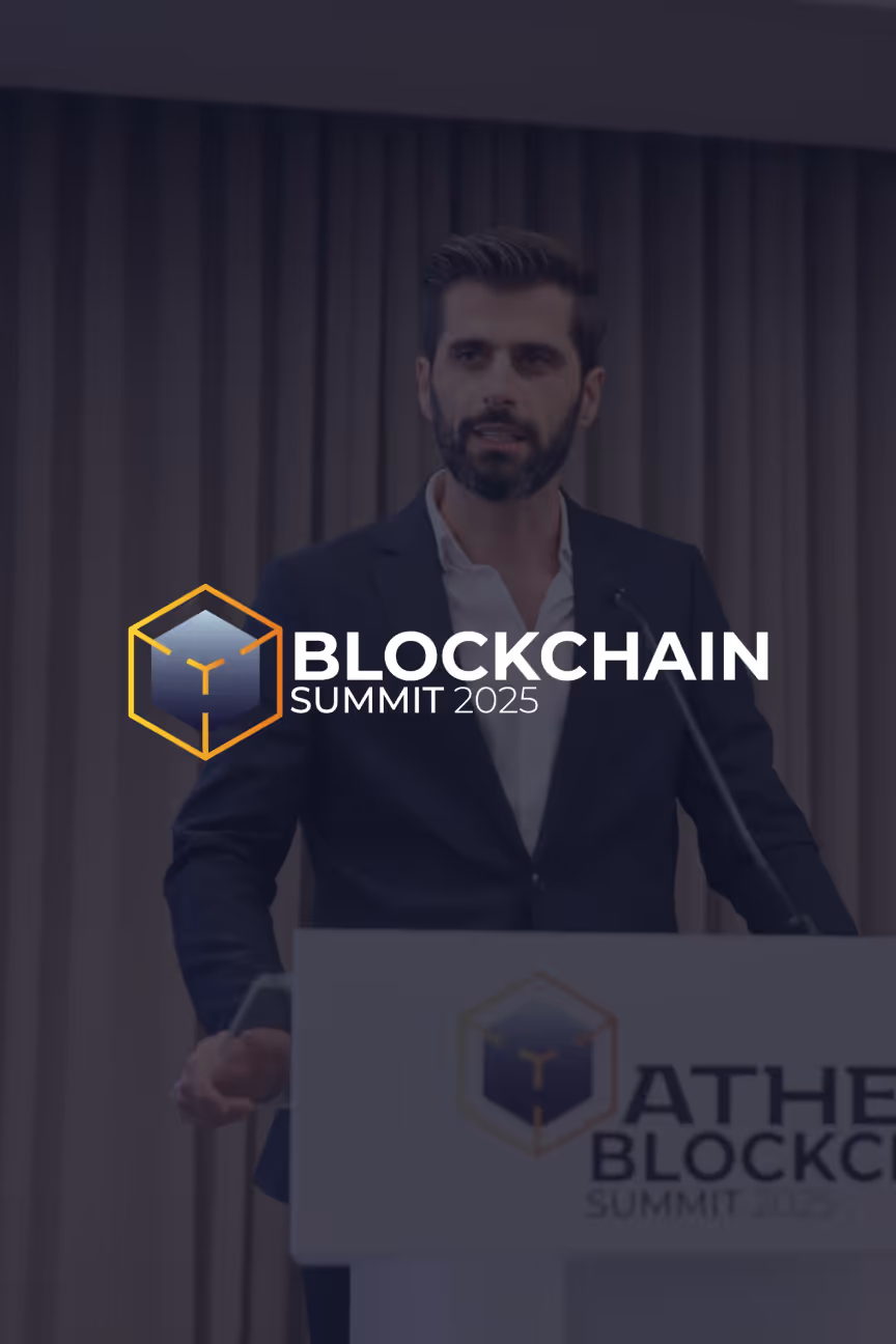 Man in a suit speaking at a podium with Blockchain Summit 2025 logo overlay.