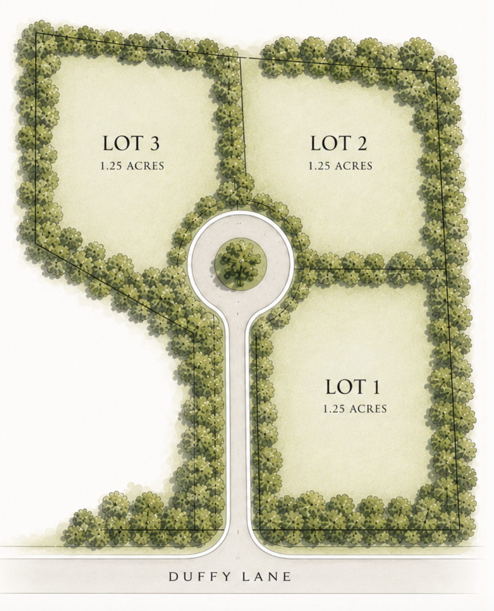 Site plan of 2950 Duffy Lane in Riverwoods showing three 1.25-acre estate homesites on a private cul-de-sac