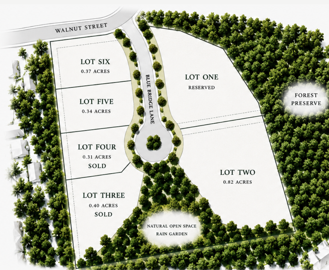 Site plan of The Cove at Blue Bridge Lane showing six homesites from 0.31 to 0.82 acres around a cul-de-sac off Walnut Street in Libertyville