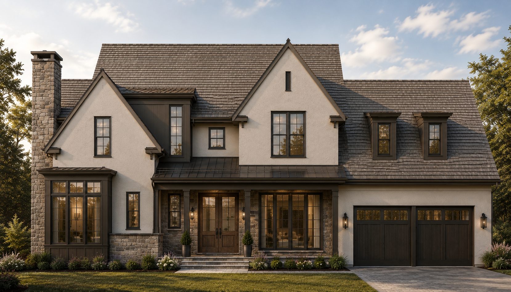 Proposed construction rendering of a stone and timber custom home by A. Perry Homes