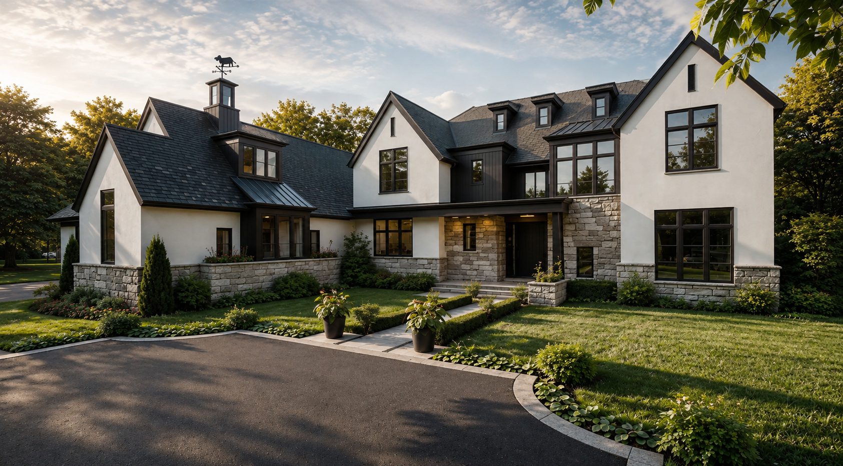 Proposed construction rendering of a stone and stucco custom home with a cupola by A. Perry Homes