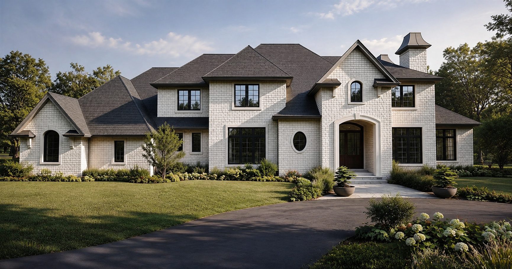 Proposed construction rendering of a white brick custom home with steep gables by A. Perry Homes