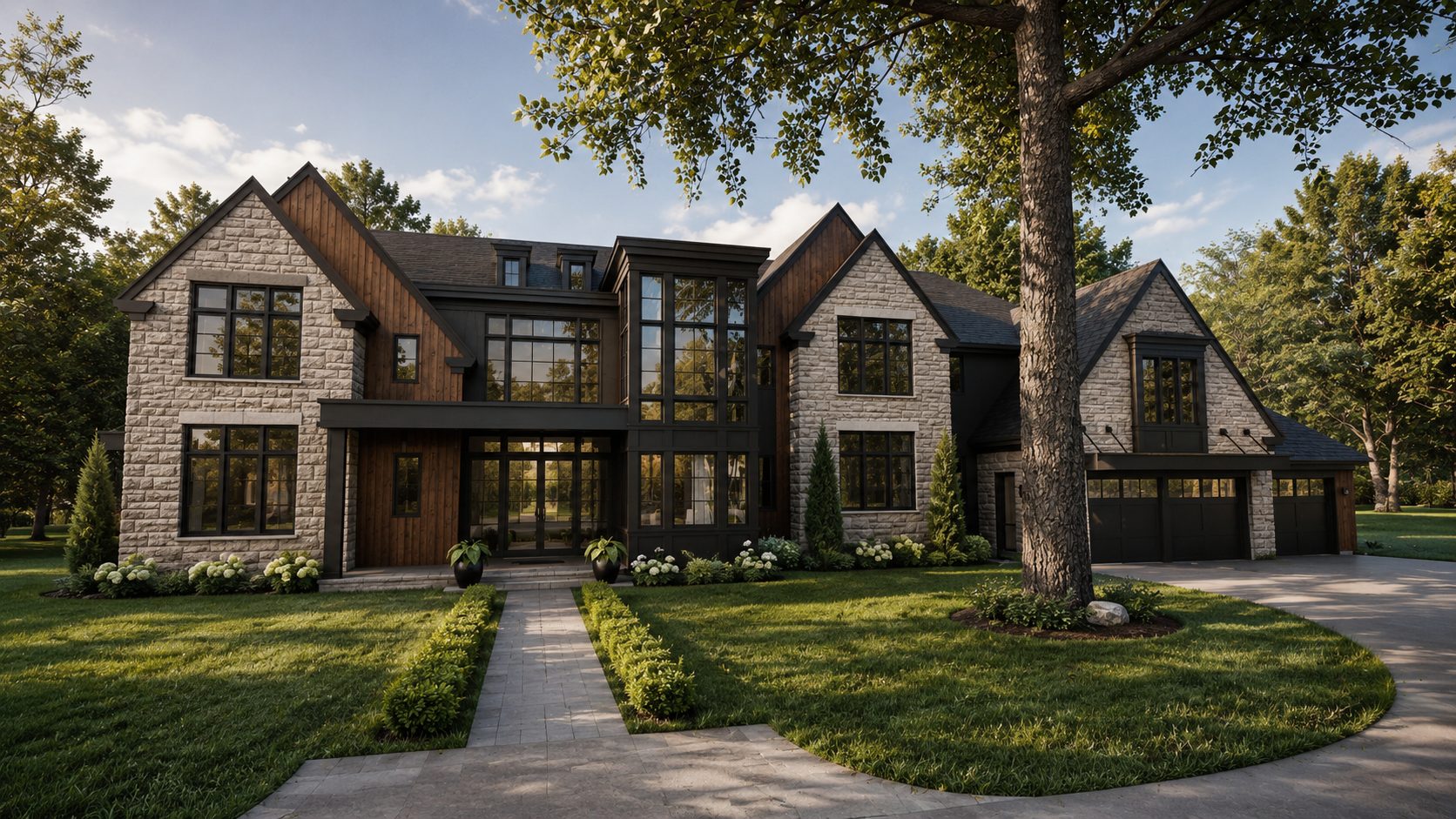 Proposed construction rendering of a modern stone custom home with dark timber accents by A. Perry Homes