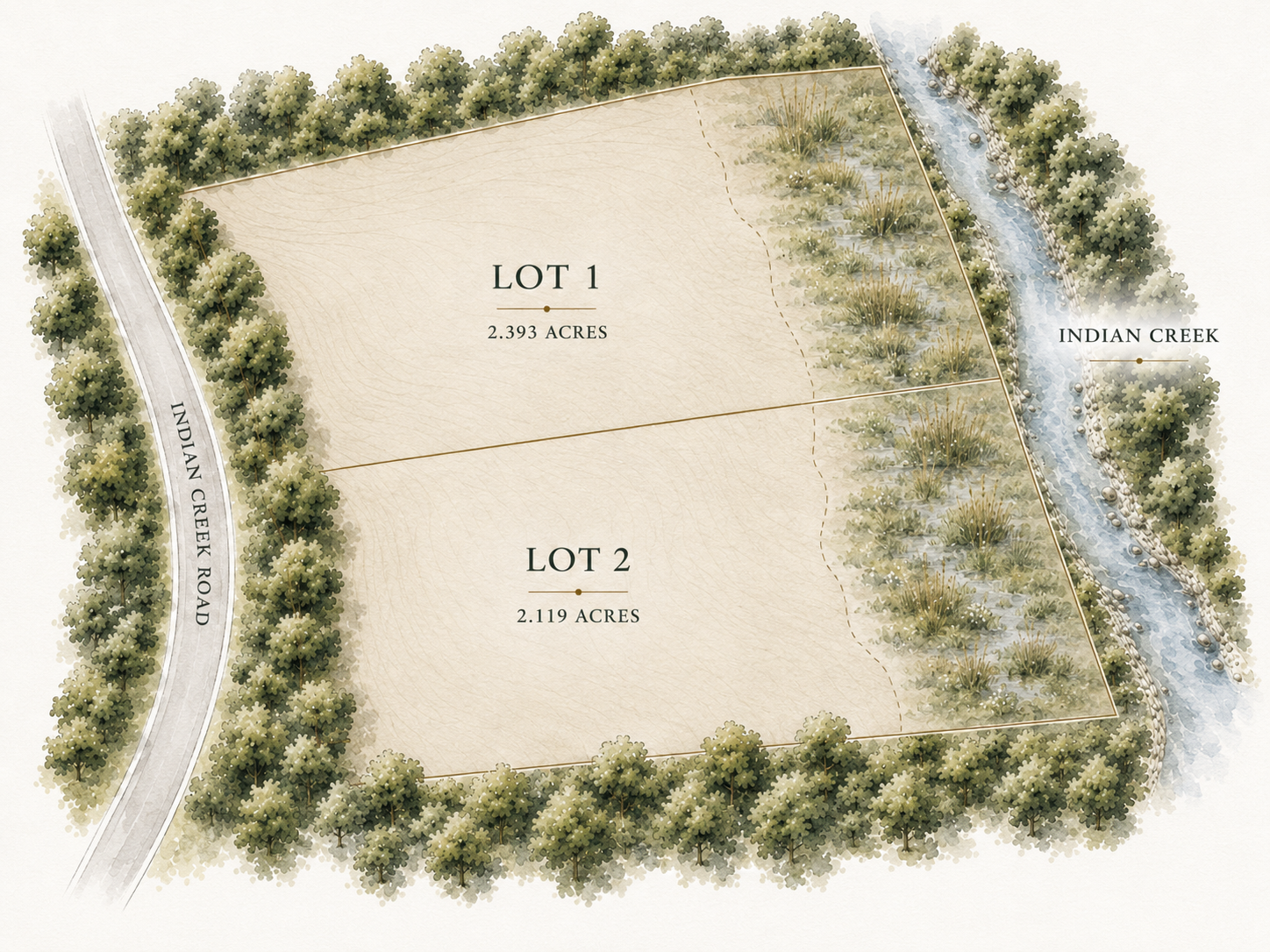 Architect's site plan for 23347 Indian Creek Road in Lincolnshire, Illinois showing Lot One and the two-acre Lot Two