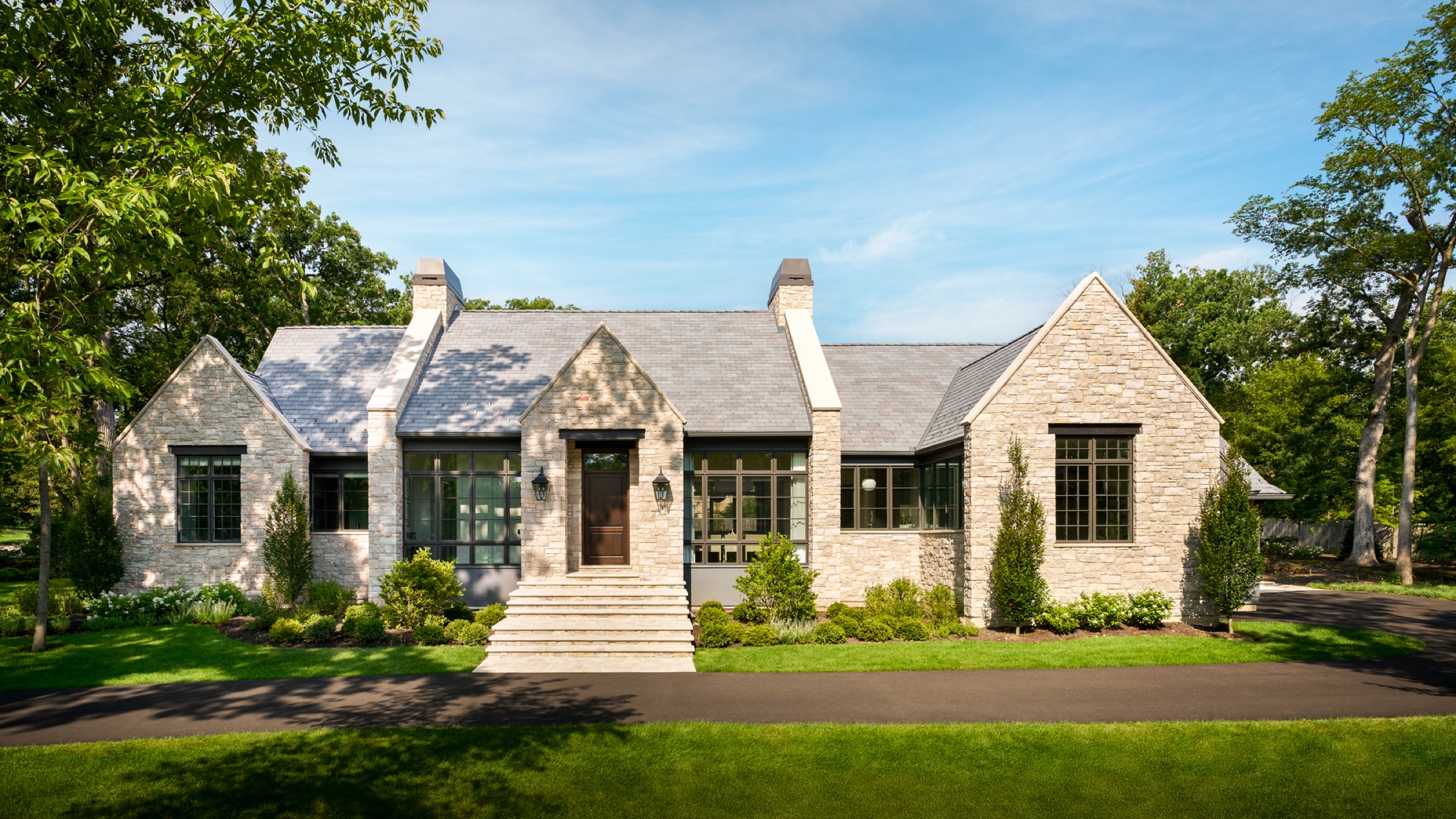 Front facade of a custom-built and designed home located in Lake Forest, IL.