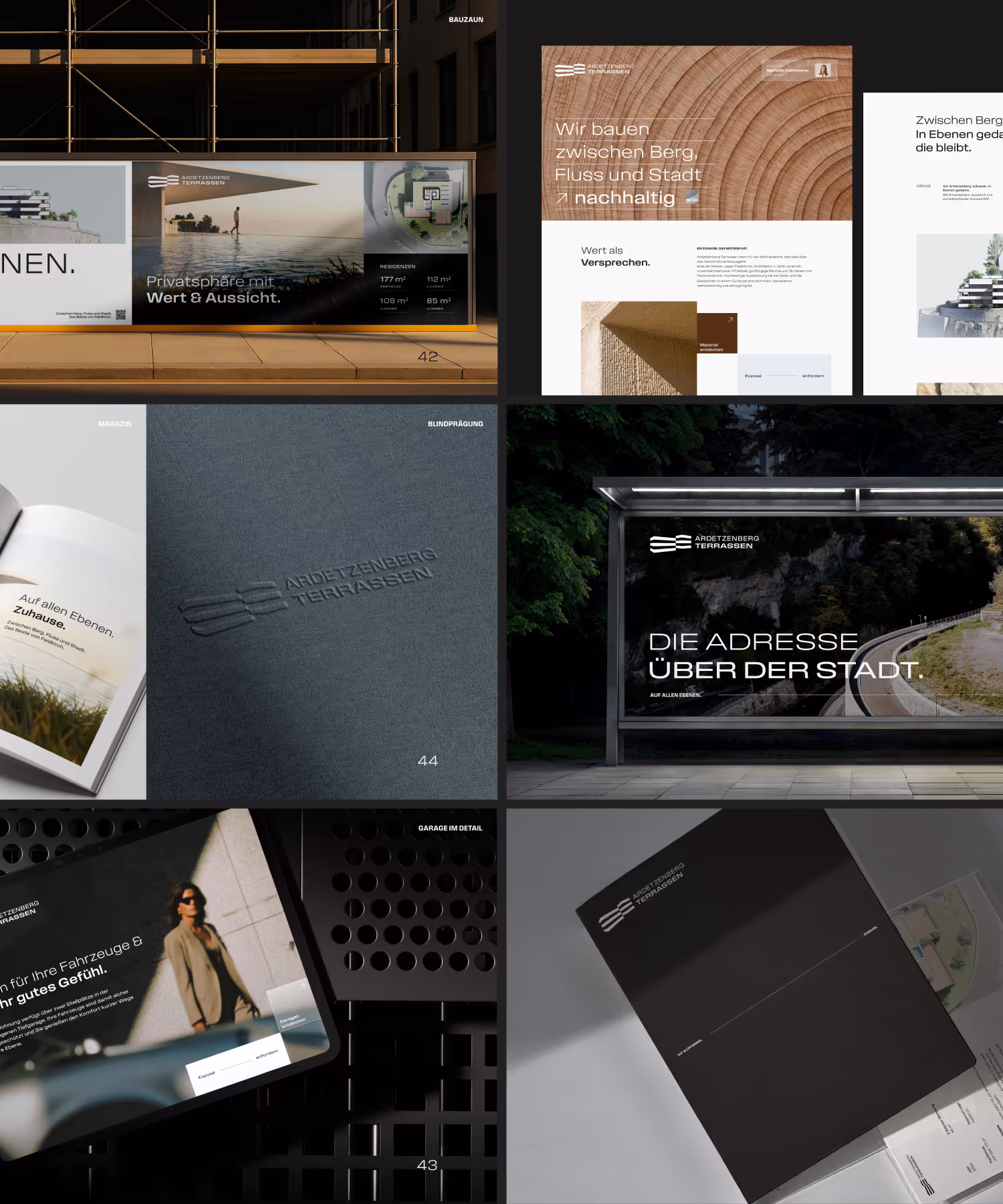 Zum Brand Design für Ardetzenberg Terrassen: Broschüre, Poster und Webdesign im modernen Stil.