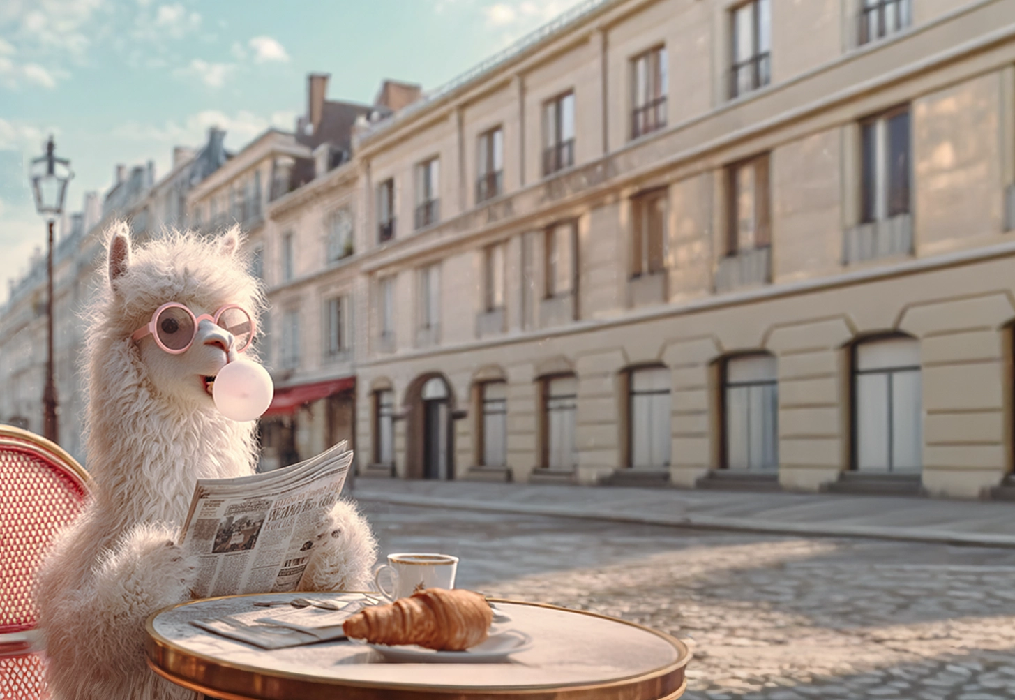 Visuel de héros Punchweb : un lama en lunettes lit le journal à une terrasse parisienne – clin d’œil à un site qui travaille pour vous, visible sur Google et l’IA.