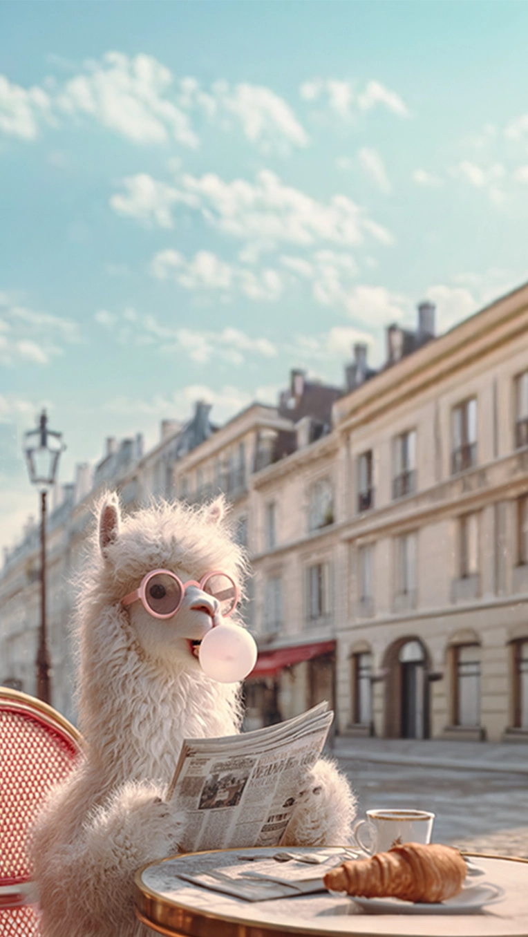 Visuel de héros Punchweb : un lama en lunettes lit le journal à une terrasse parisienne  Clin d’œil à un site qui travaille pour vous, visible sur Google et l’IA.