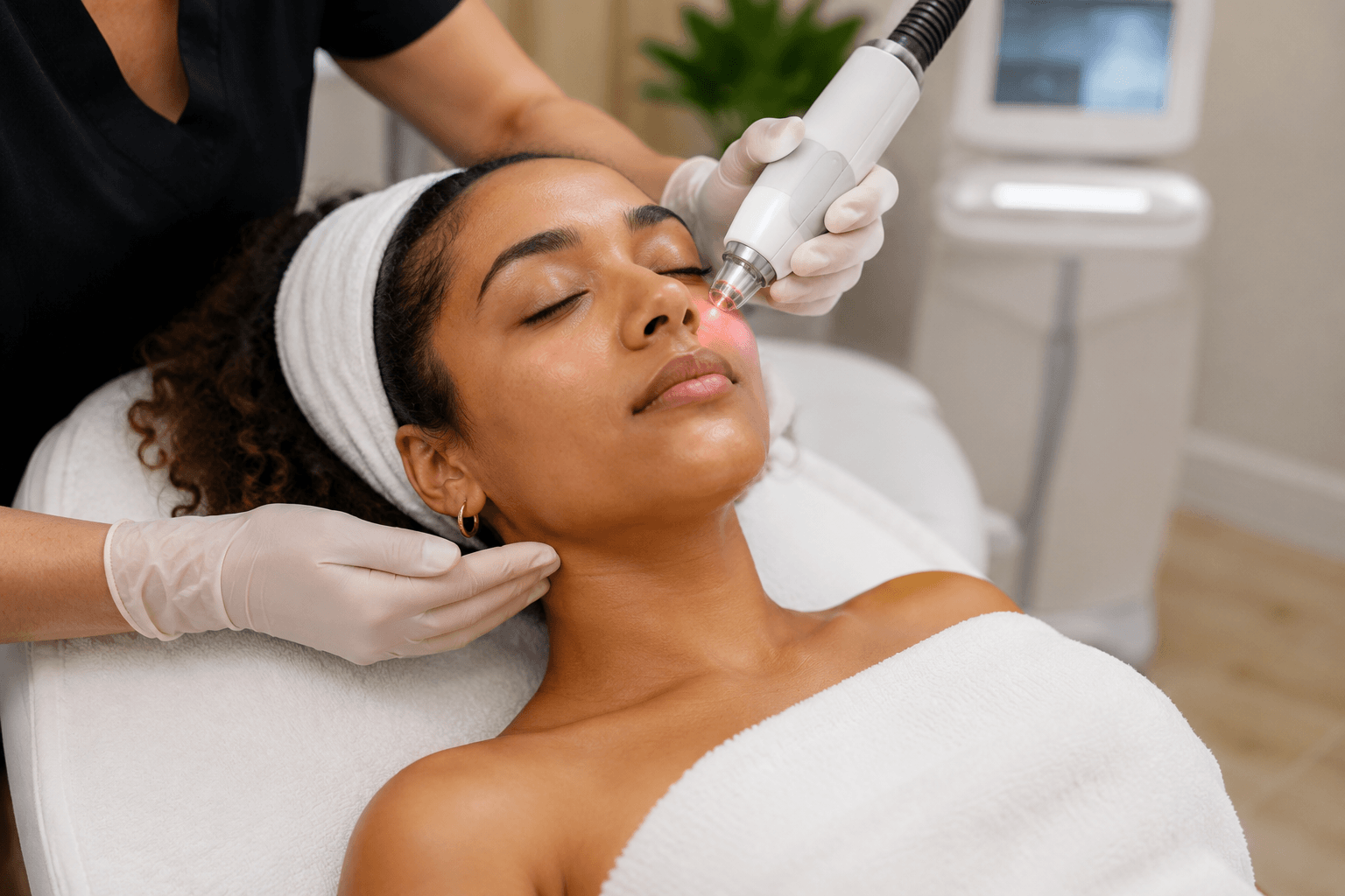 Woman receiving laser skin resurfacing treatment for PCOS-related hyperpigmentation in Atlanta, Georgia clinic