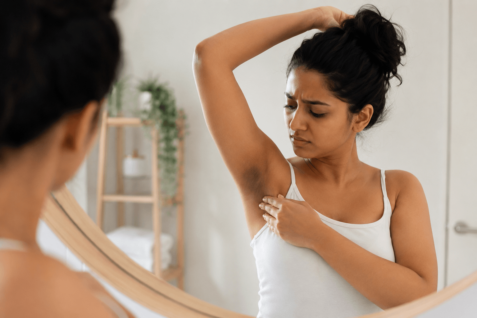Woman examining dark underarms linked to PCOS while considering skin lightening treatments in Atlanta, Georgia
