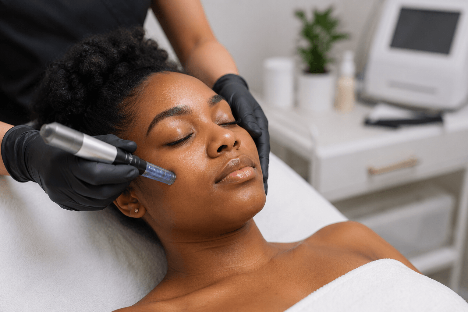Microneedling treatment being performed on a client with dark skin to improve acne scars and skin texture in Atlanta, Georgia