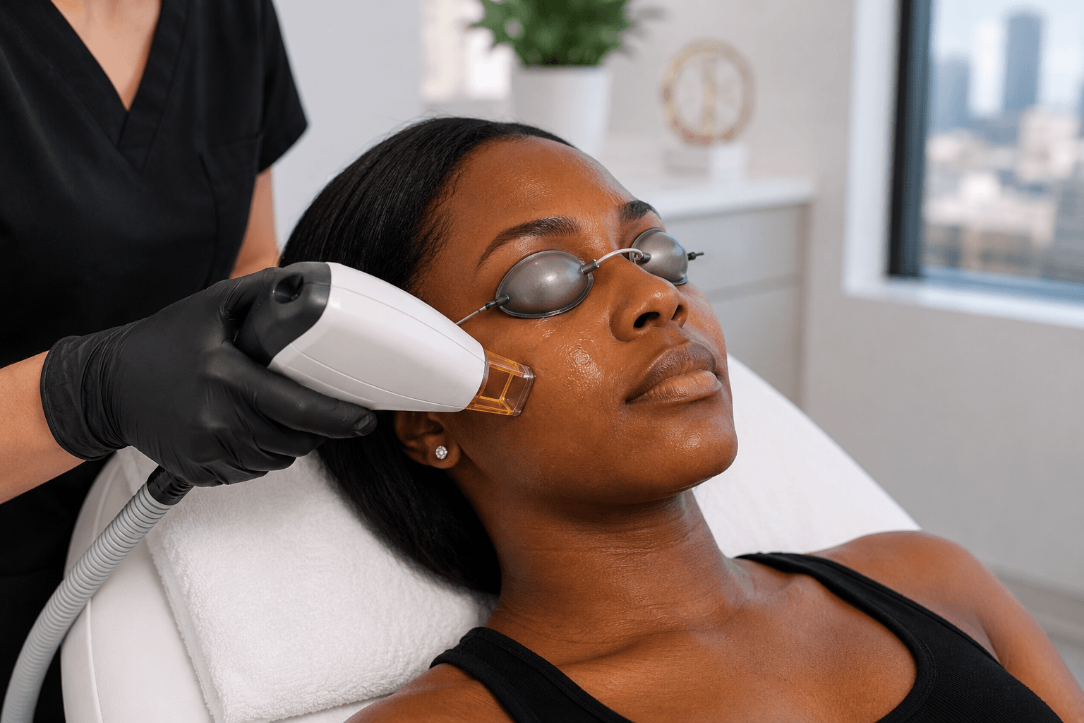 Laser hair removal technician treating a client with dark skin tone in Atlanta, Georgia