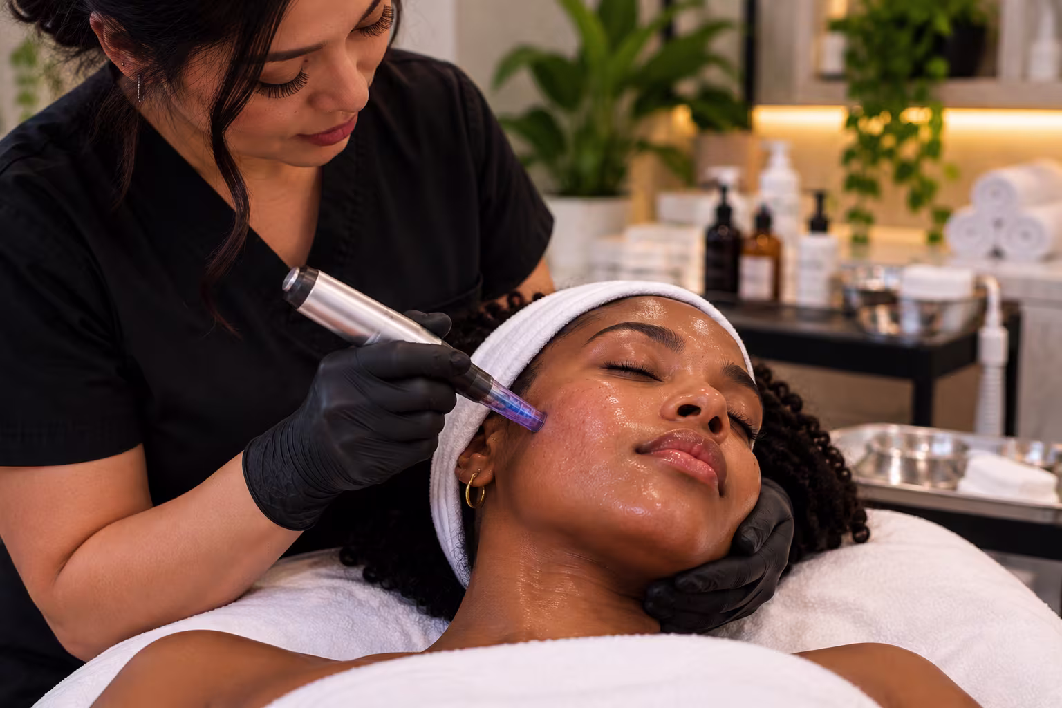 Provider performing a microneedling treatment on a client's cheek at a med spa in Atlanta, Georgia