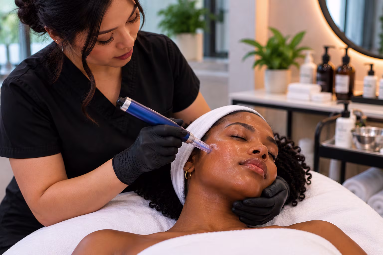 Close up of professional microneedling device being used during a skin treatment in Atlanta, Georgia