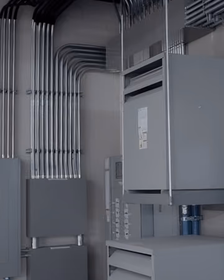 Industrial electrical panels and conduit pipes mounted on a grey wall in a utility room.