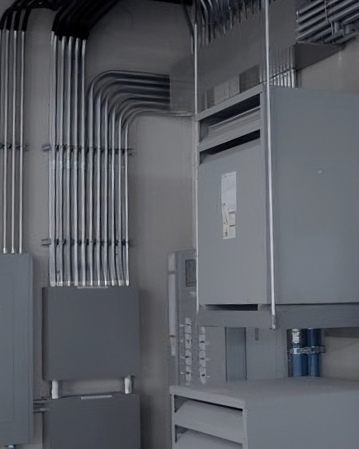 Industrial electrical panels and conduit pipes mounted on a grey wall in a utility room.