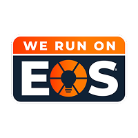 Logo with text 'WE RUN ON EOS' featuring a stylized orange and black circular design in the letter O.