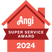 Angi Super Service Award 2024 badge in the shape of a red house.