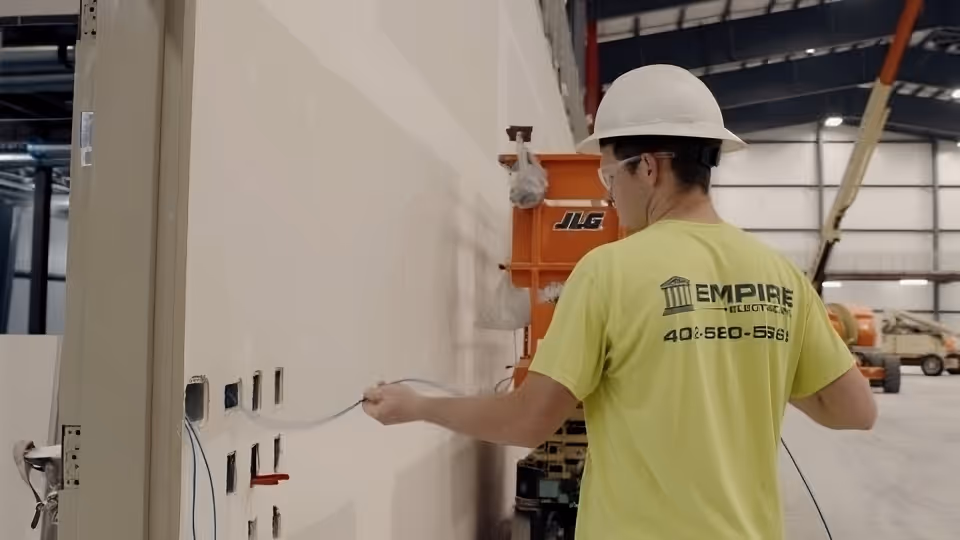 Worker wearing a hard hat and safety glasses pulling wires through a wall in an industrial setting.