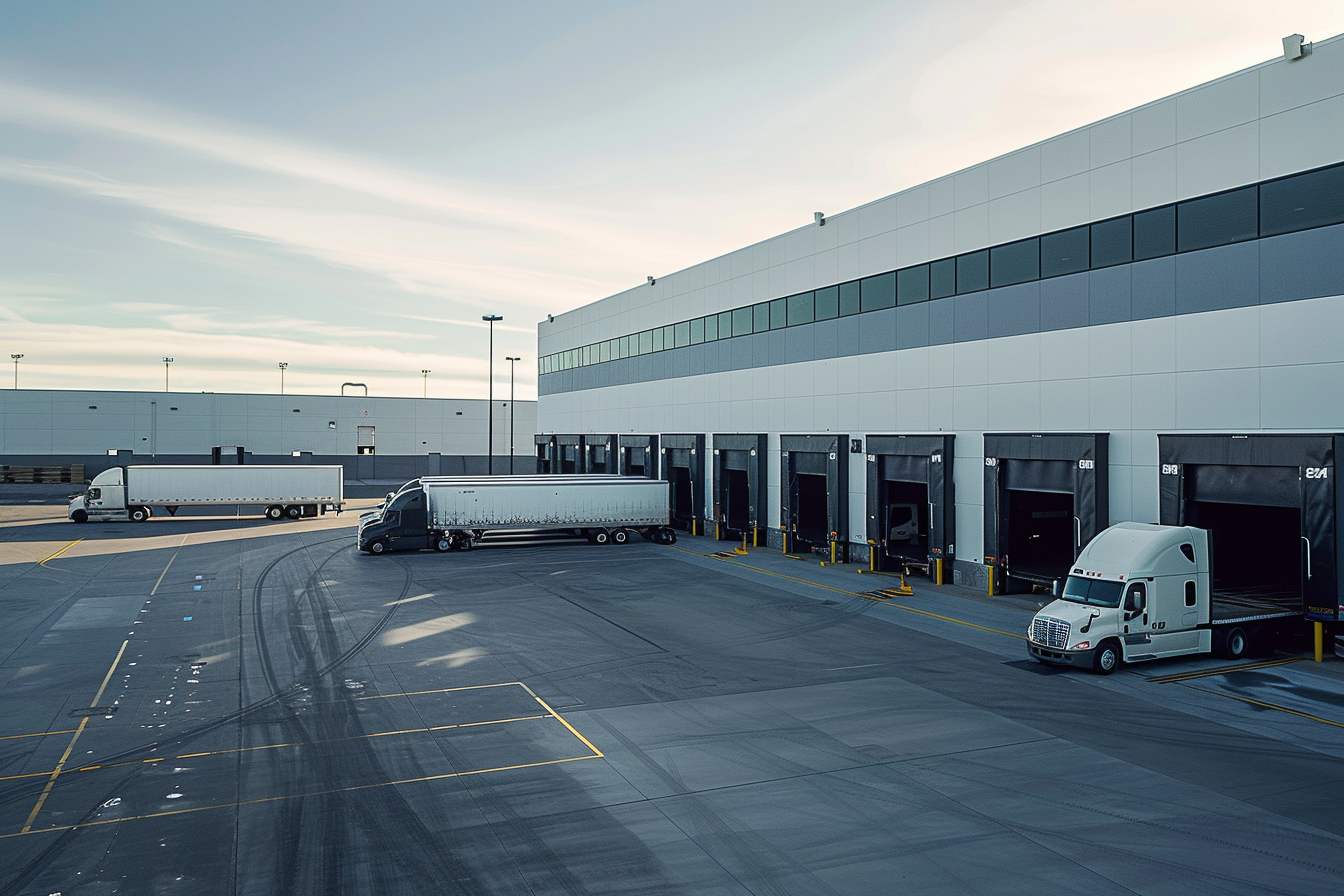 trucks pulling out of a warehouse