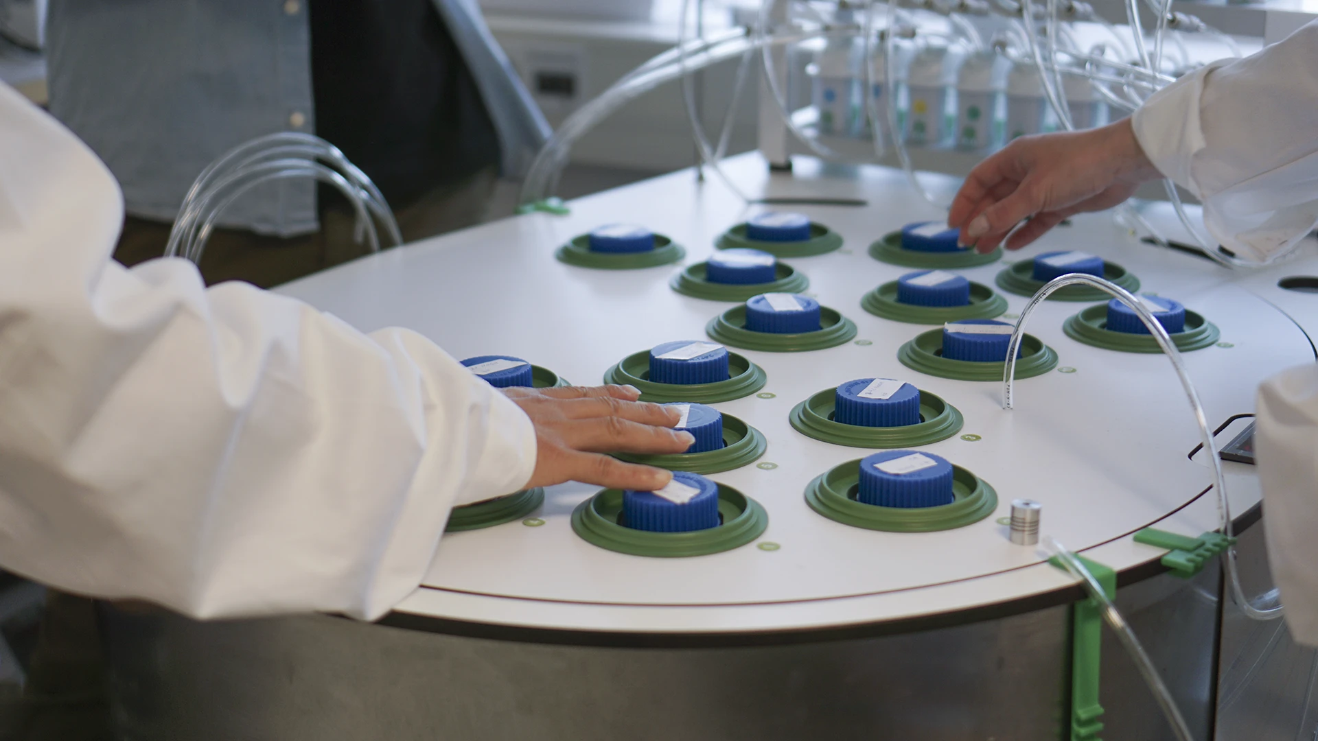 Bioanalysts working around an incubator in the BPC lab, reaching for a sample bottle during user observation.