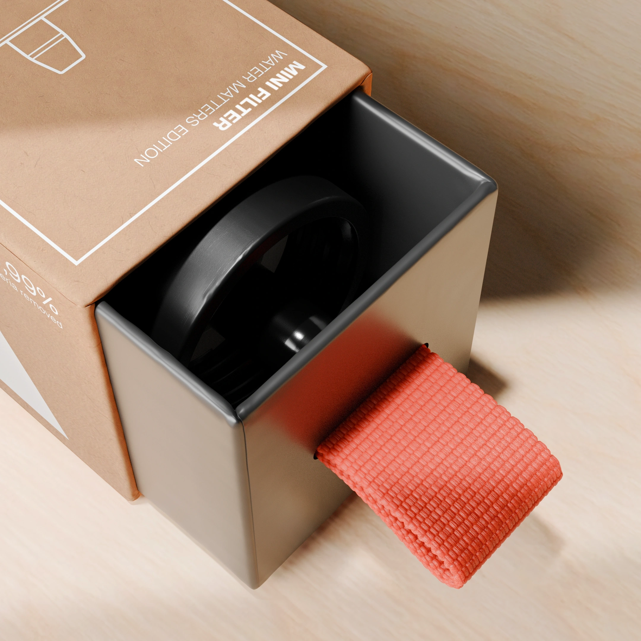 Top view of a Sawyer mini water filter box with a red fabric pull tab on a wooden surface.
