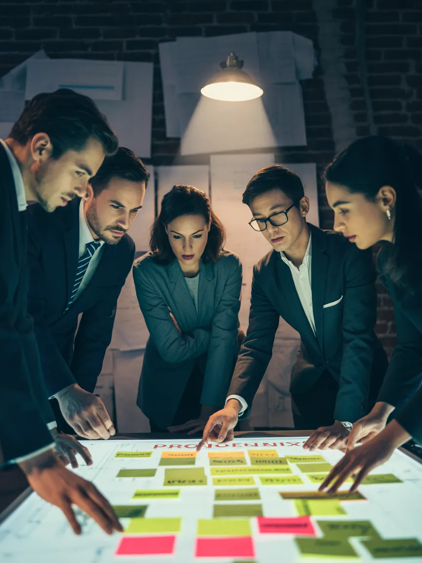 Diverse team of five leaning over a lit planning table covered in color-coded sticky notes
