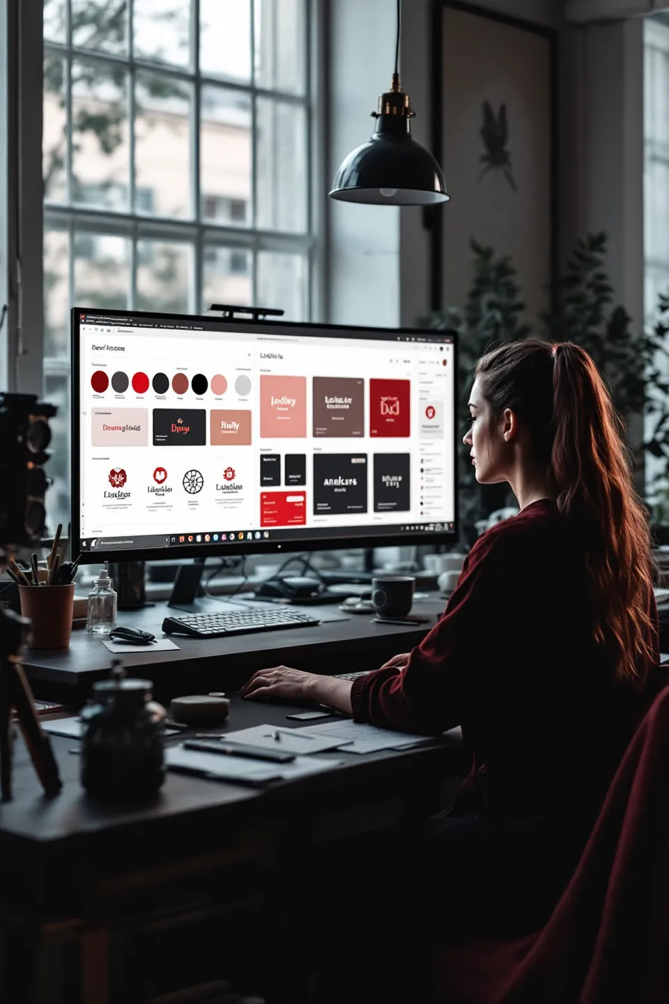 Woman designer reviewing a brand identity board of logos and color swatches on a large monitor in a sunlit studio
