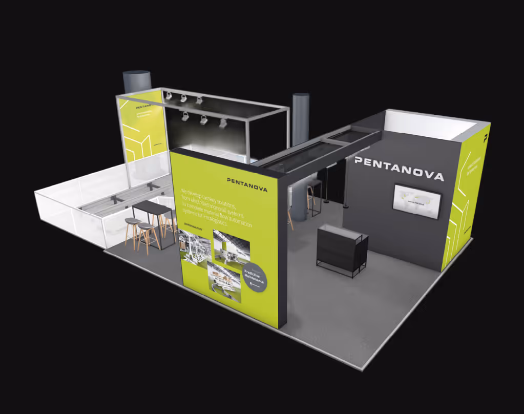 Messestand von PENTANOVA mit schwarzen und grünen Wänden, Sitzgelegenheiten und Bildschirmen.