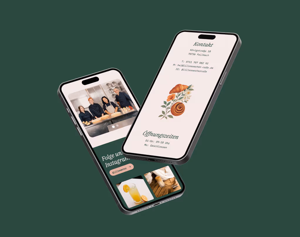 Zwei Smartphones mit Café-Webseiten zeigen Kontaktinfos, Öffnungszeiten und Instagram-Bilder.