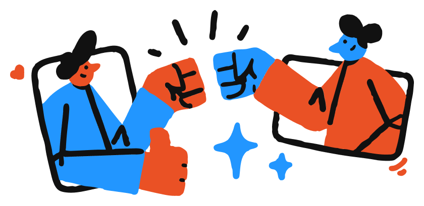 Illustration of two stylized people emerging from screens, fist bumping with exaggerated arms and hands in blue and orange colors.