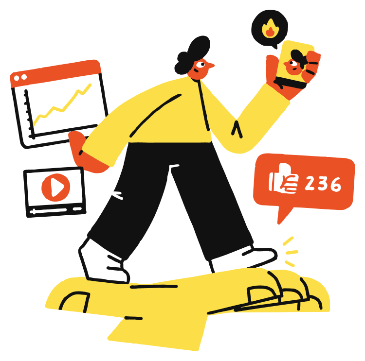 Illustration of a person in yellow and black clothing walking with a smartphone showing a fire emoji, a rising graph, a video play icon, and a speech bubble with 236 likes.