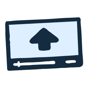 Illustration of a video player with an upload arrow icon on the screen.