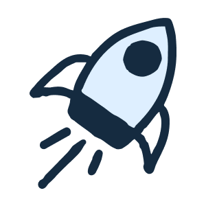 Simple illustration of a light blue rocket ship with dark blue details and exhaust trails.