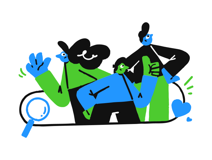 Illustration of three stylized people with blue and green colors, showing a thumbs-up, waving, and standing confidently, accompanied by a magnifying glass and a heart icon.