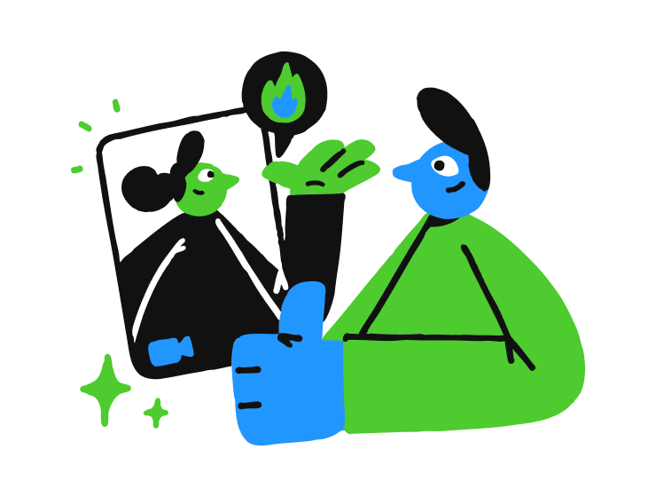 Illustration of a blue and green person giving a thumbs up while video chatting with a green and black person showing a flame icon.