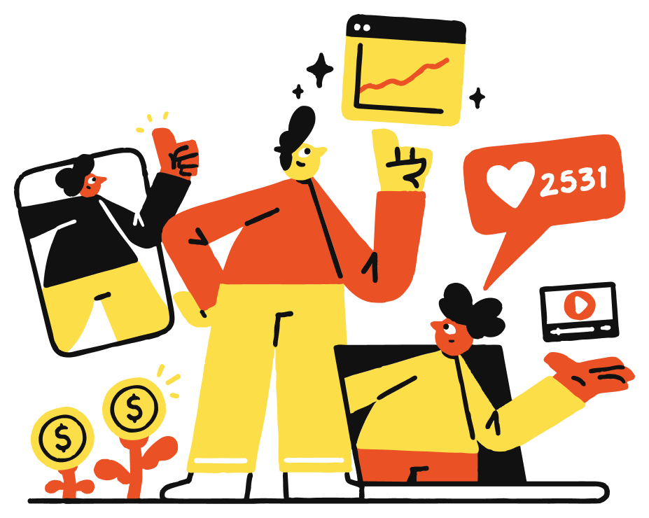 Illustration of three people engaging with digital content, showing social media likes, a rising graph, dollar sign flowers, and video playback, symbolizing online growth and success.