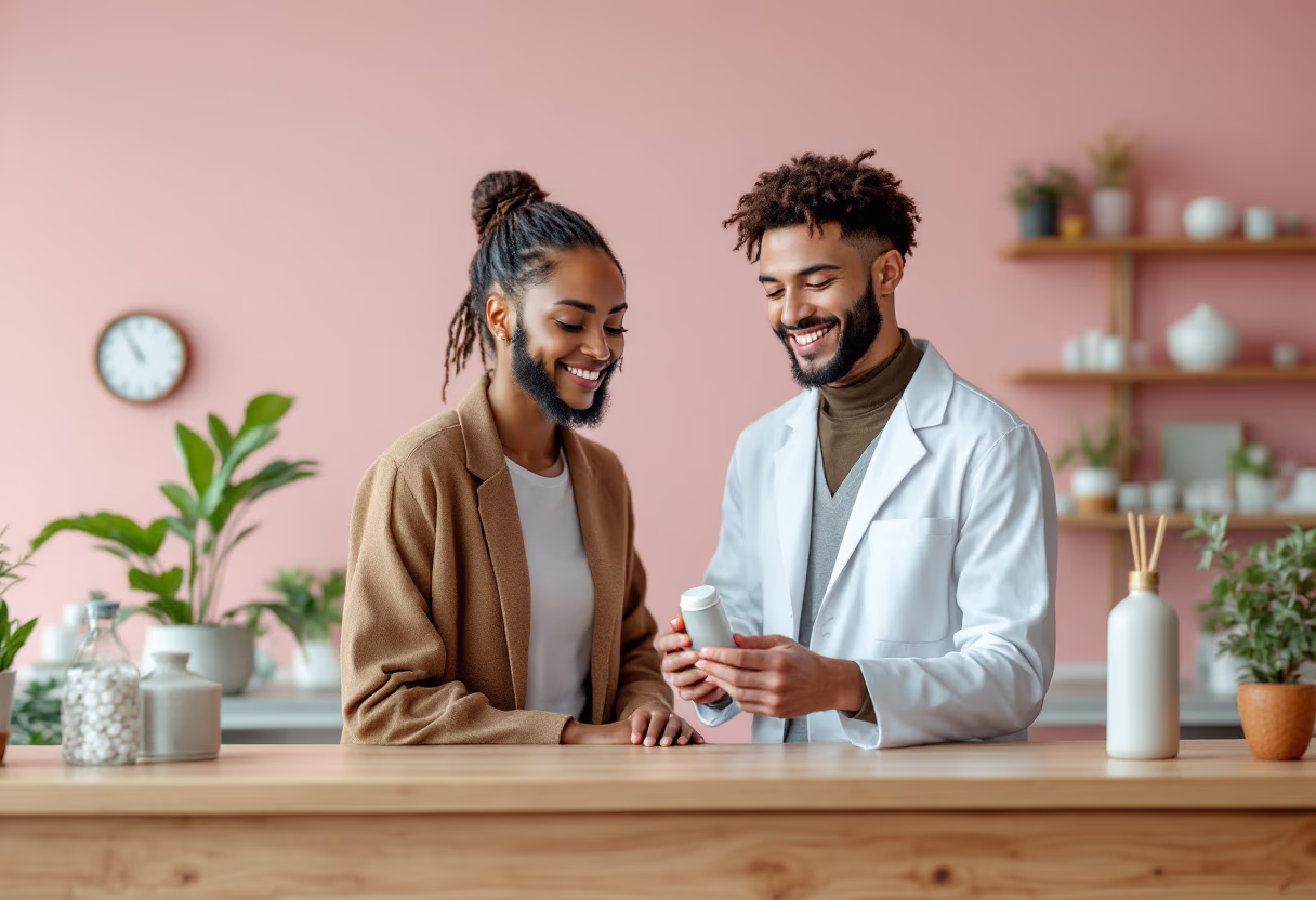 high resolution 4k photo of pharmacist explaining the use of a medication to a customer
