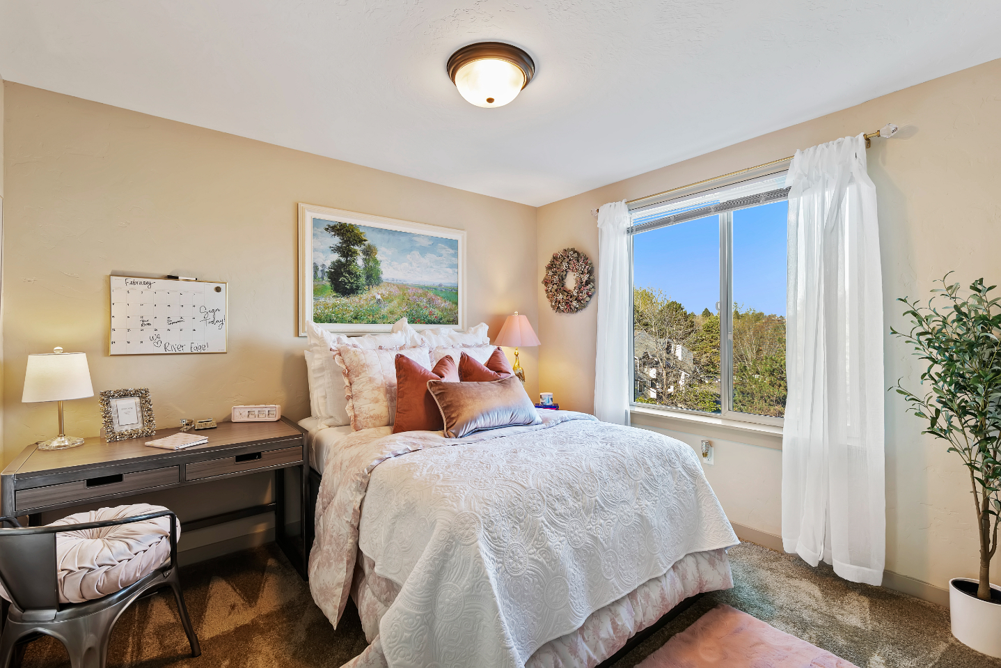Bedroom with, desk area, and large window