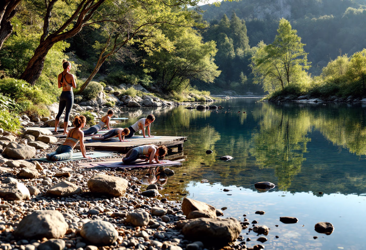 outdoor yoga by a tranquil lake