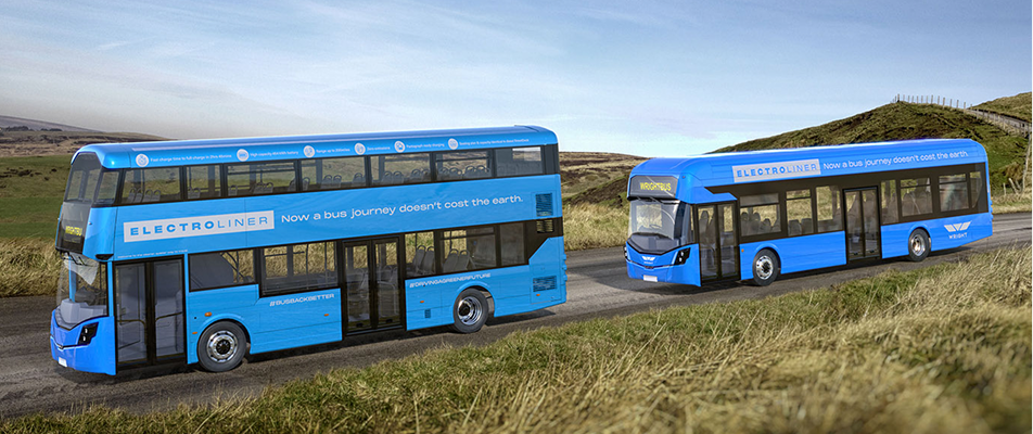 Two blue electric buses labeled Electroliner on a rural road with hills and grass.