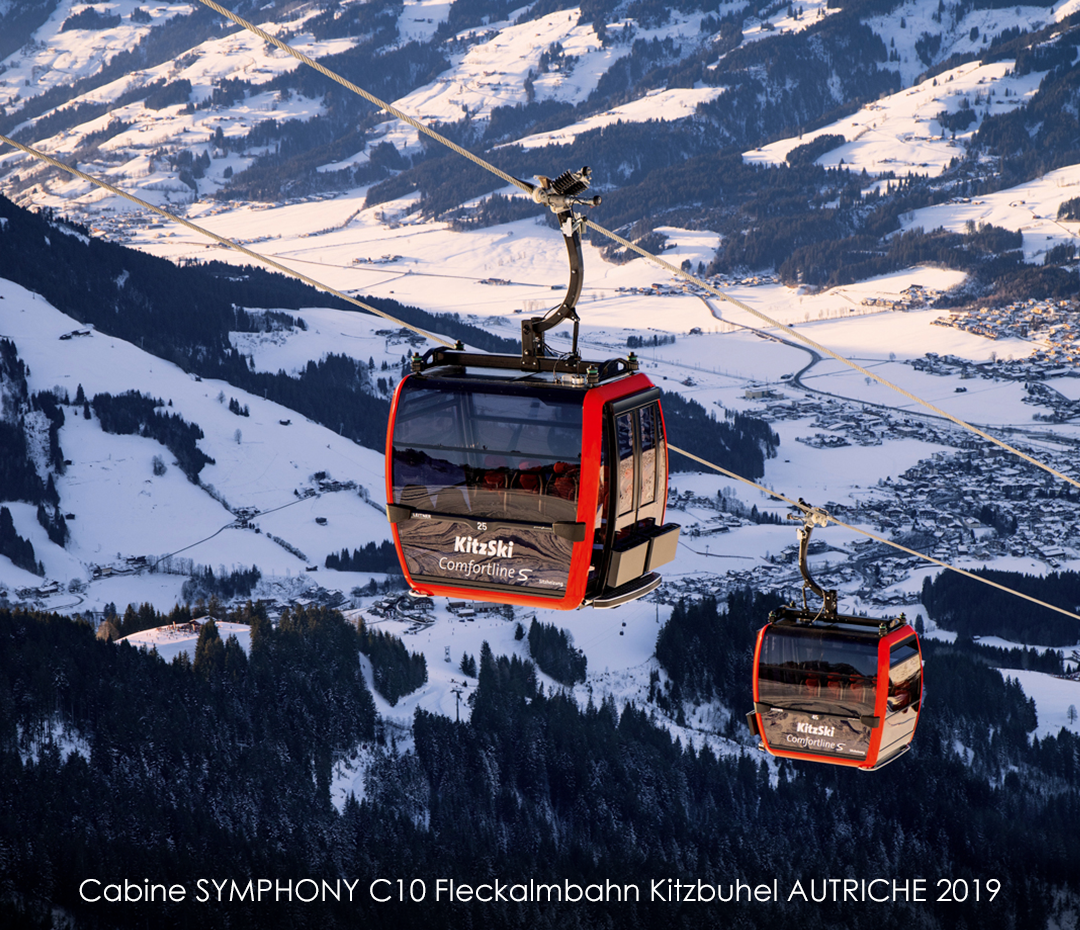 Two red KitzSki Comfortline S gondola cabins on cable above snowy mountain and village landscape.