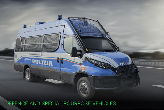 Blue Italian Polizia van with protective grille on windshield on a highway.