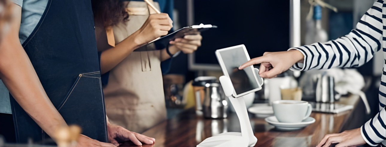 A customer placing an order using a kiosk while waiters assist in the background