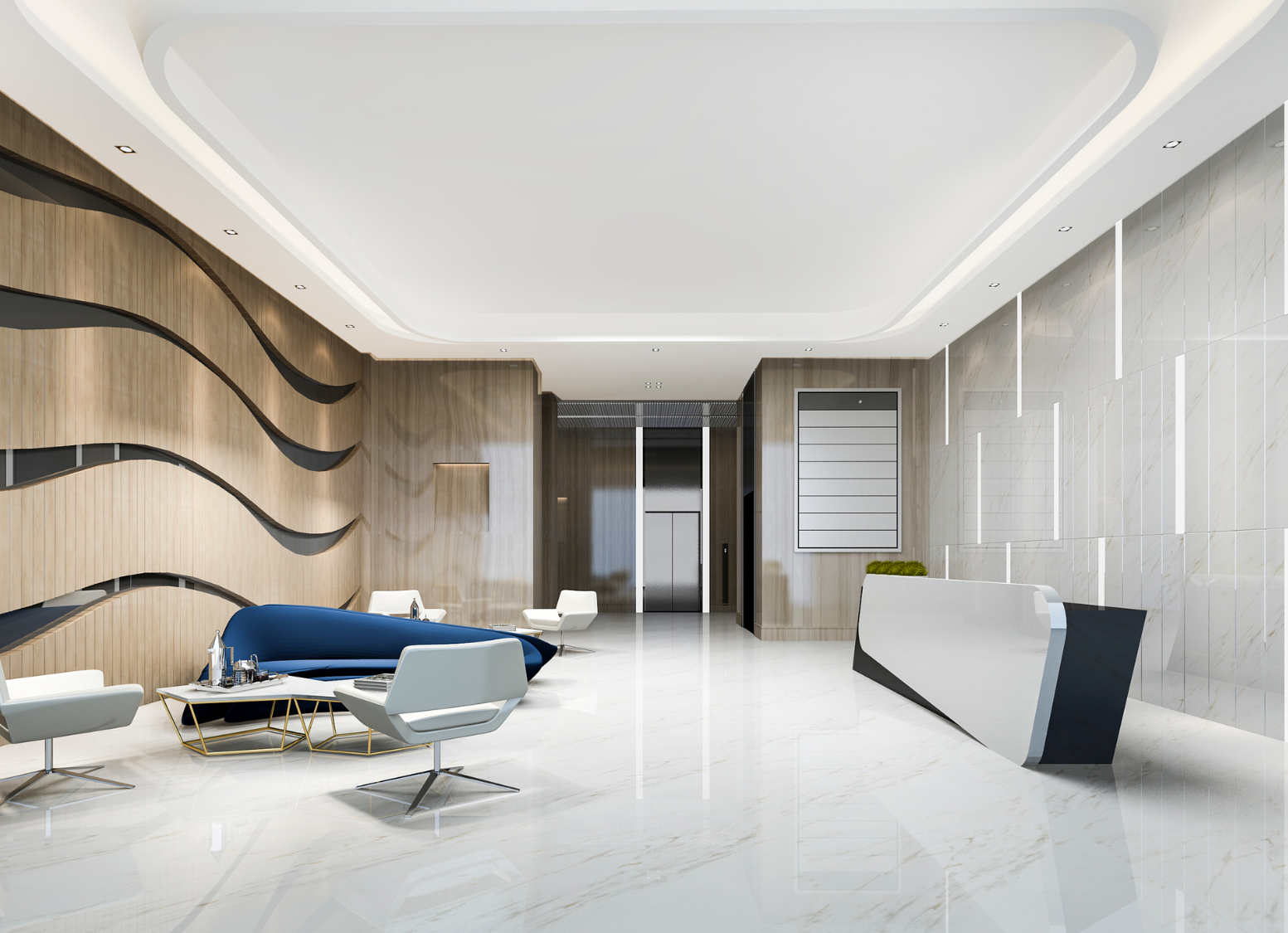 A picture of a hotel reception with a modern vibe