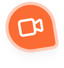 White video camera icon inside an orange rounded pointer shape with shadow.