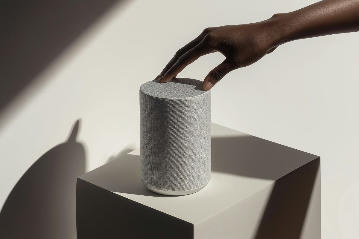 Someone touching a speaker in a minimalist environment