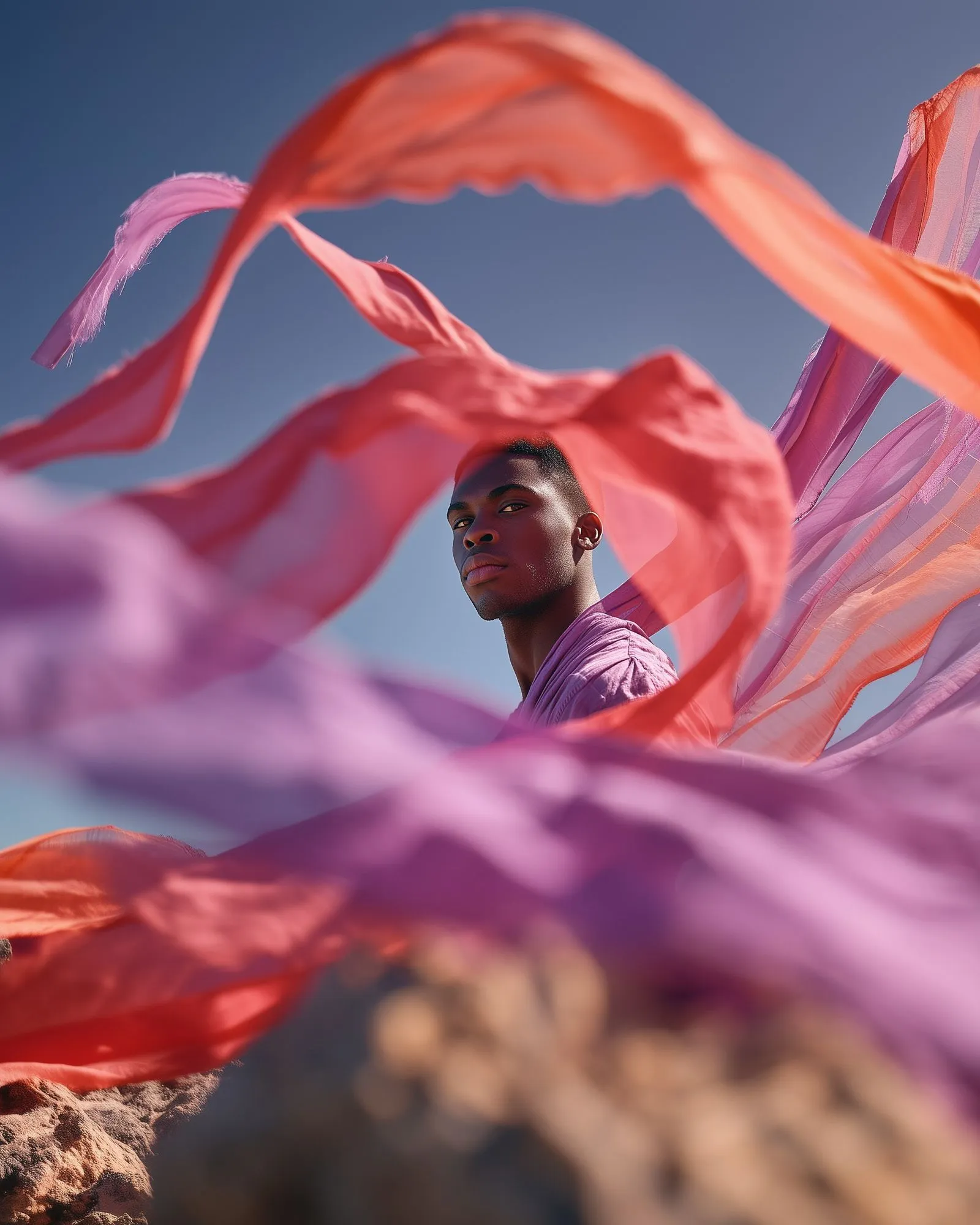 A man standing on top of a rocky hill under a purple and orange scarf.