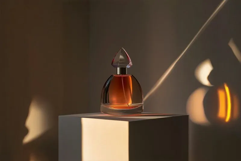 A bottle of perfume sitting on top of a white block.